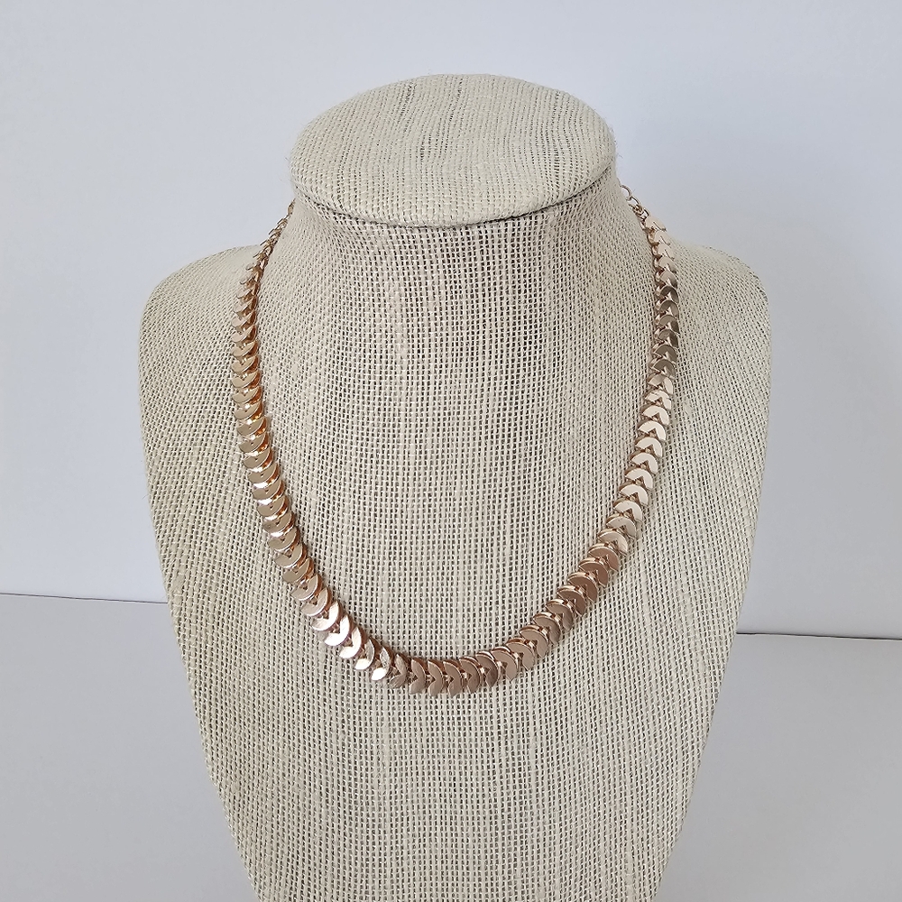 Rose Gold Chevron Scale Link Collar Necklace Articulated Leaf Choker